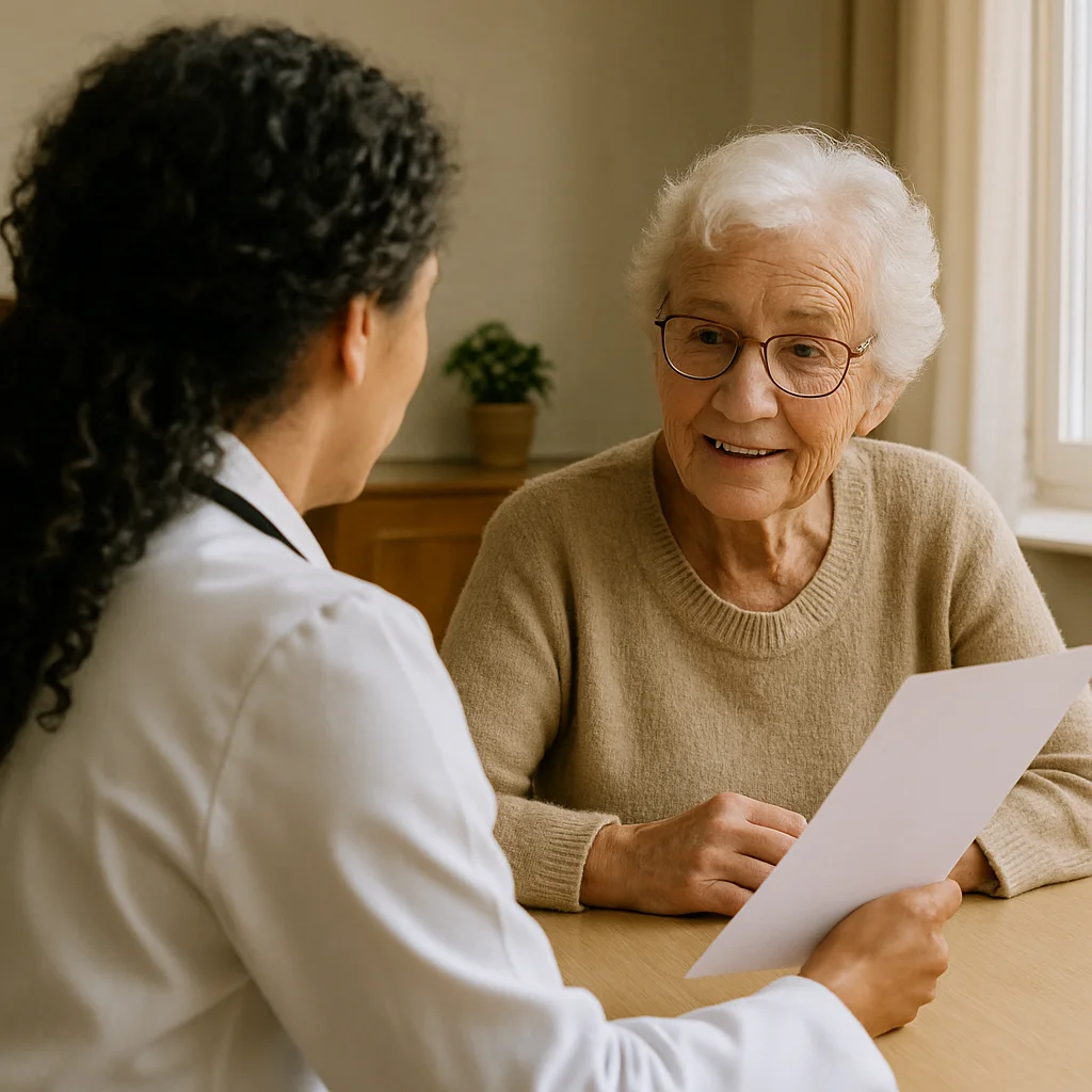 Médico de família em consulta acolhedora com paciente idosa, explicando resultados e acompanhando cuidados de saúde.